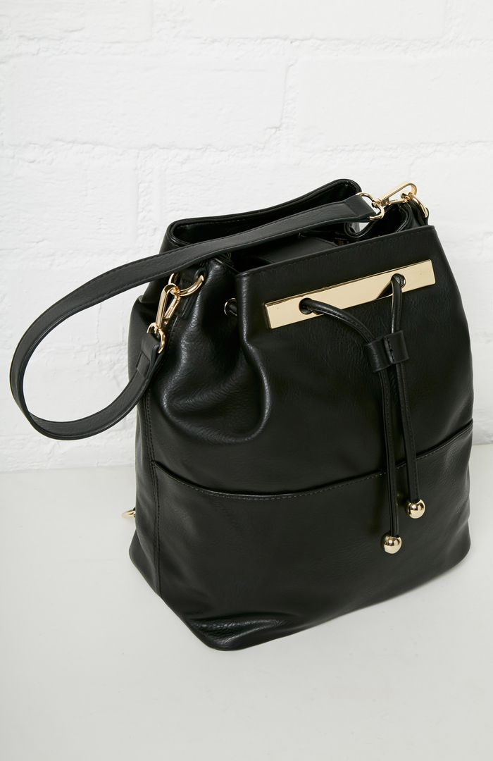 Gaffigan Vegan Leather Convertible Bucket Bag in Black | DAILYLOOK