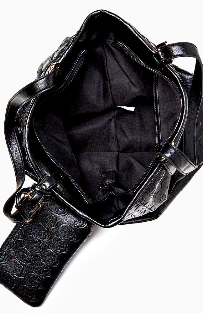 Skull Imprinted Tote with Coin Purse in Black | DAILYLOOK