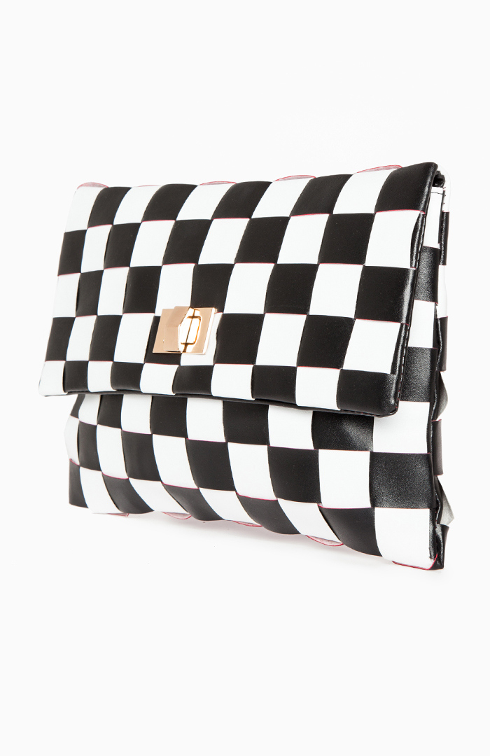 black and white checkered clutch