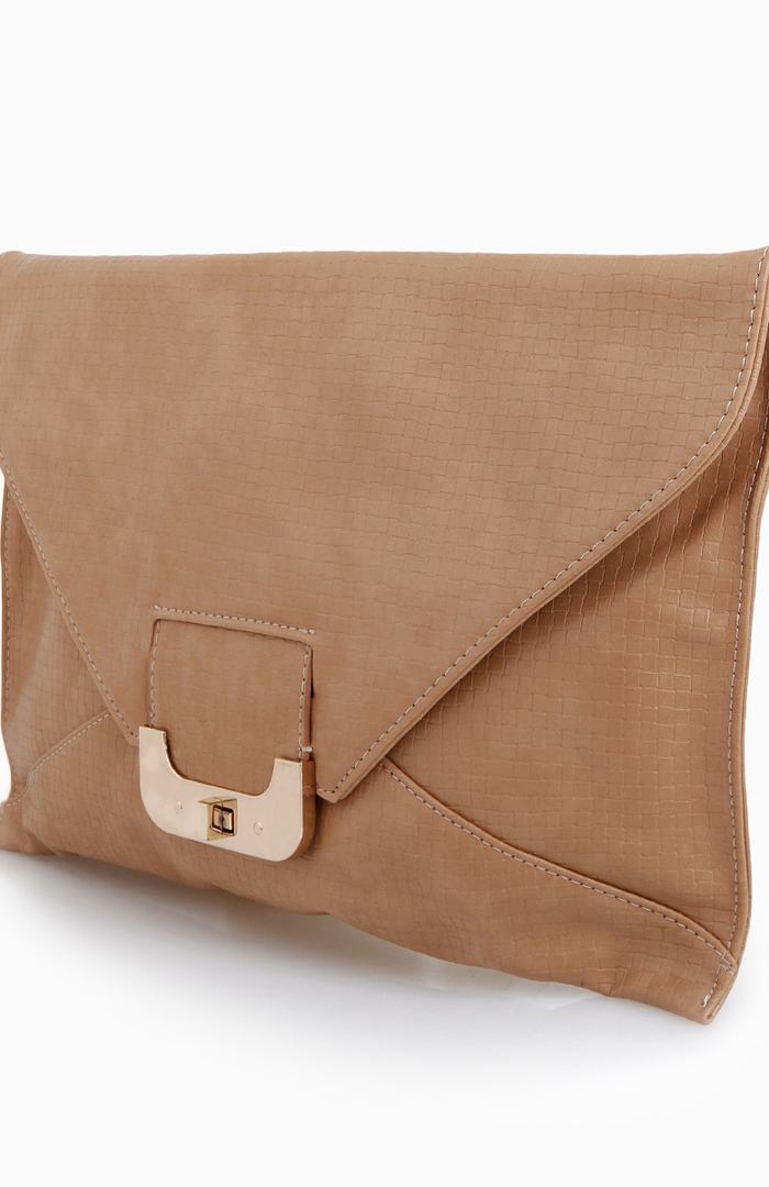 tan woven clutch