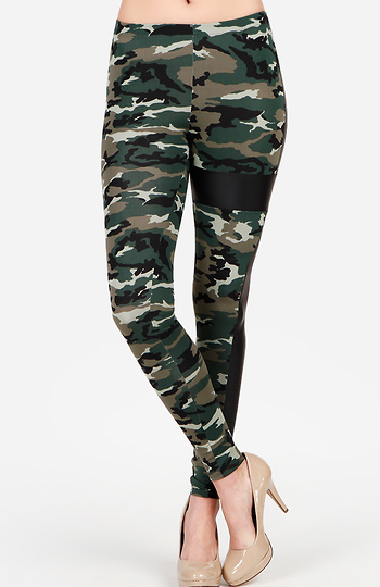 Camo Leggings with Faux Leather Detail Slide 1