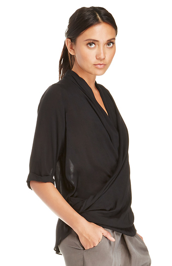 Faux Wrap Gauzy Blouse in Black | DAILYLOOK