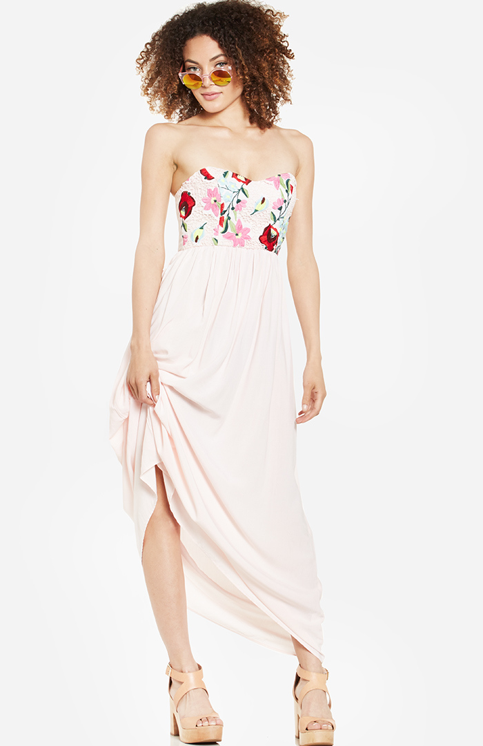 Floral Embroidered Strapless Maxi Dress In Pink Dailylook 