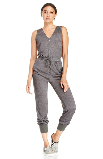 Button Top Knit Jumpsuit in Charcoal | DAILYLOOK