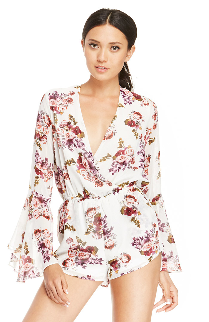 Floral Bell Sleeve Romper in White | DAILYLOOK