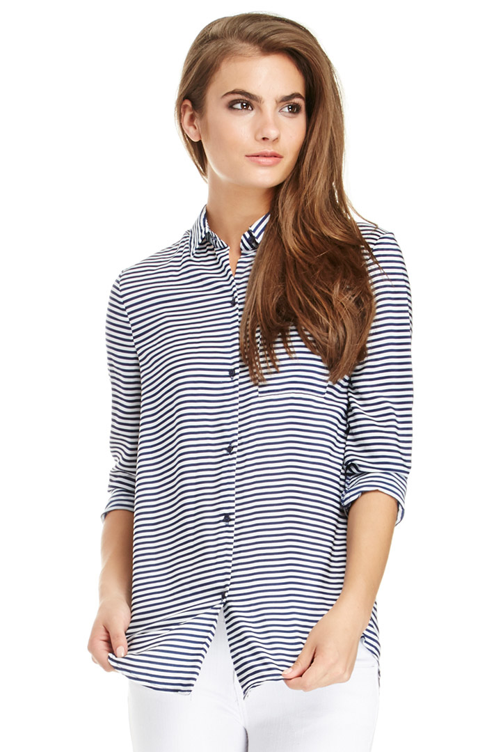 Striped Button Up Blouse in Navy | DAILYLOOK