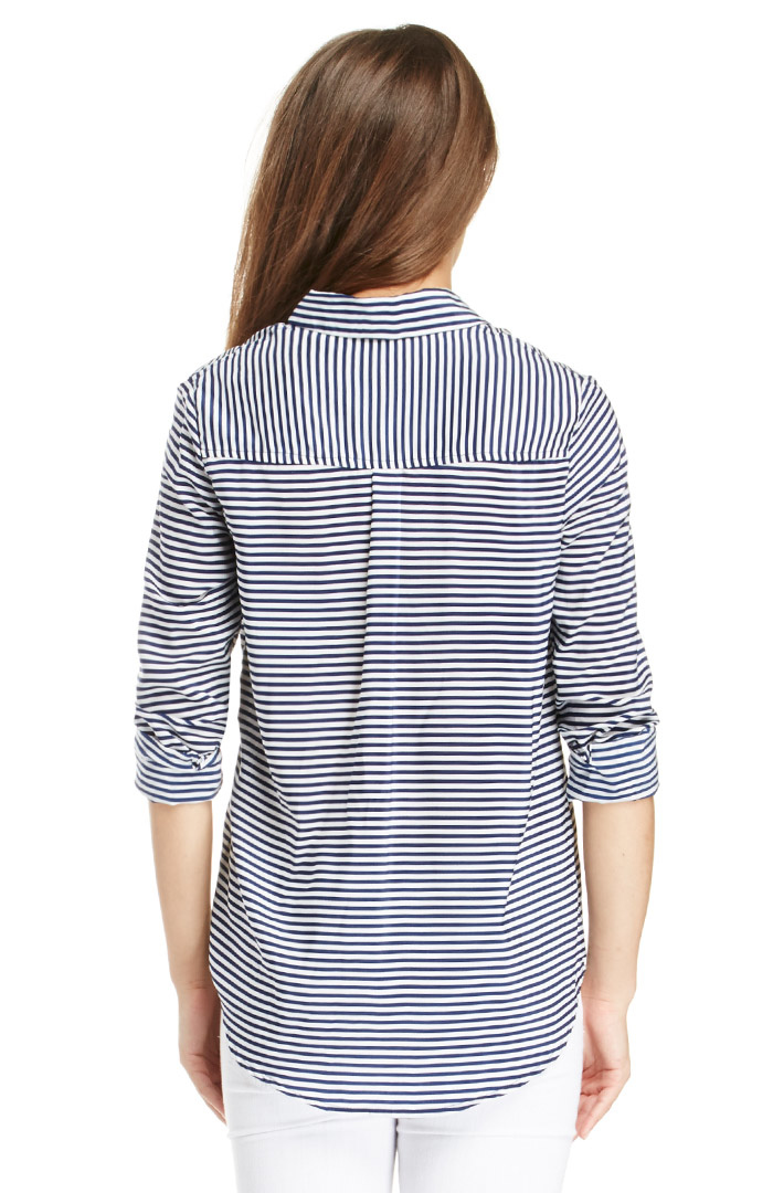 Striped Button Up Blouse in Navy | DAILYLOOK