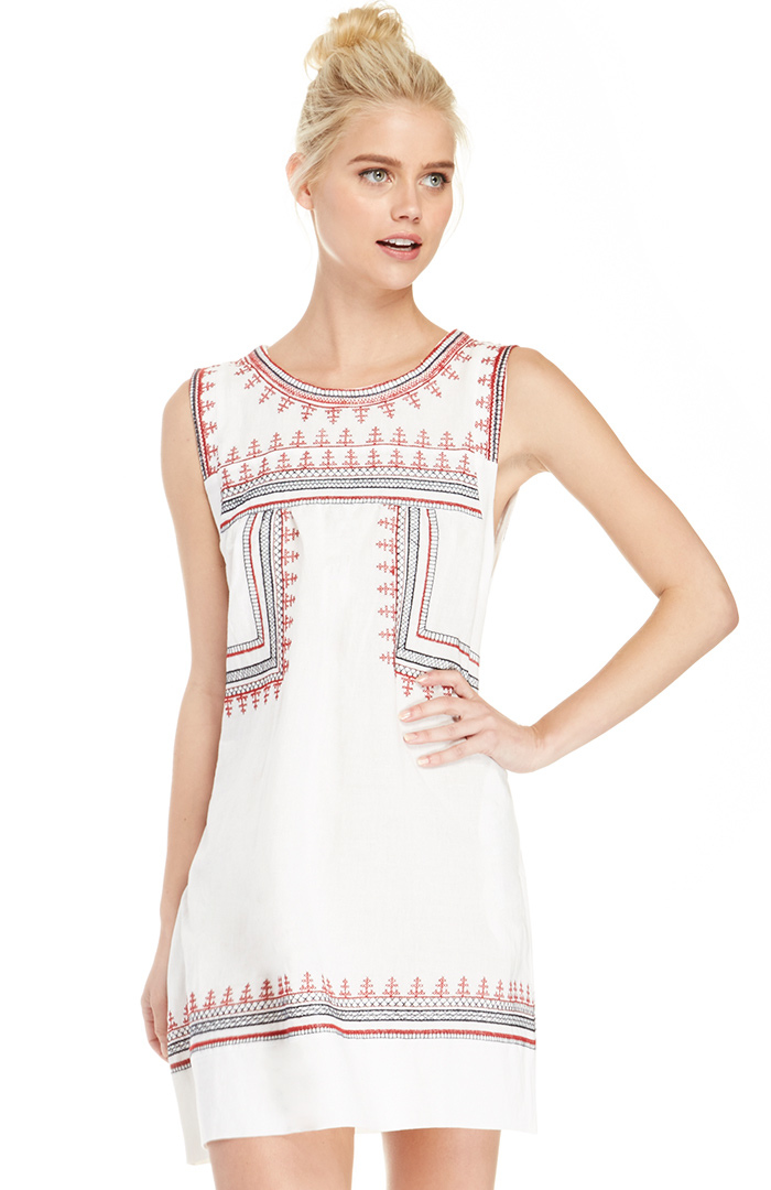 Sleeveless Embroidered Shift Dress in White | DAILYLOOK