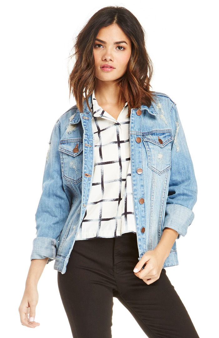 Achro Distressed Denim Boyfriend Jacket in Blue | DAILYLOOK