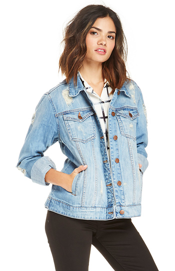 Achro Distressed Denim Boyfriend Jacket in Blue | DAILYLOOK