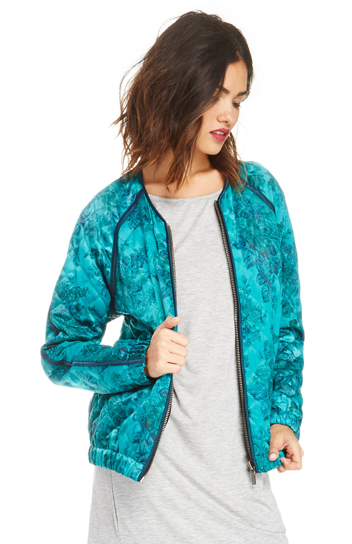 Maison Scotch Floral Quilted Bomber Jacket in Teal | DAILYLOOK