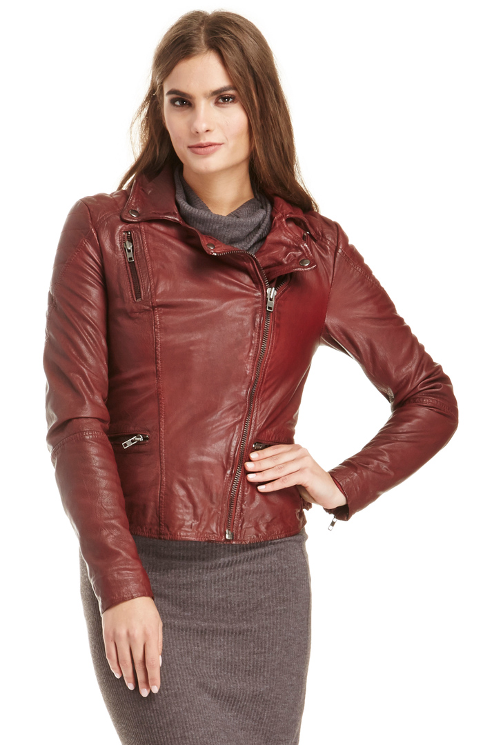 MUUBAA Limited Anyang Leather Biker Jacket in Burgundy | DAILYLOOK