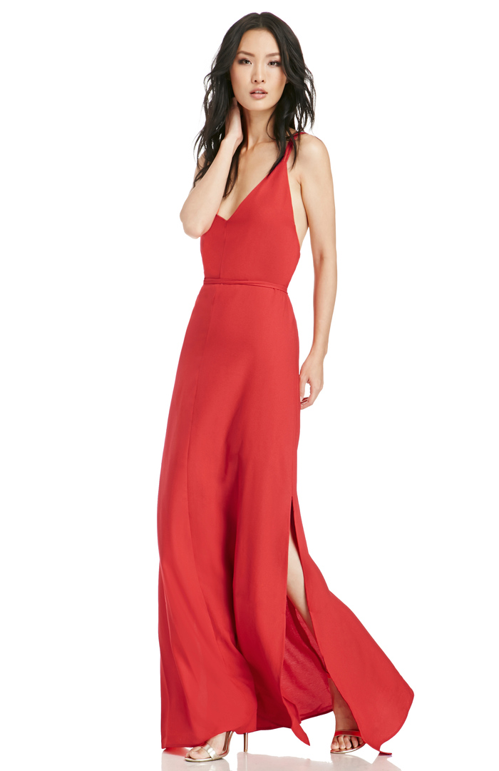 ARYN K. V-Neck Cross Back Maxi Dress in Red | DAILYLOOK