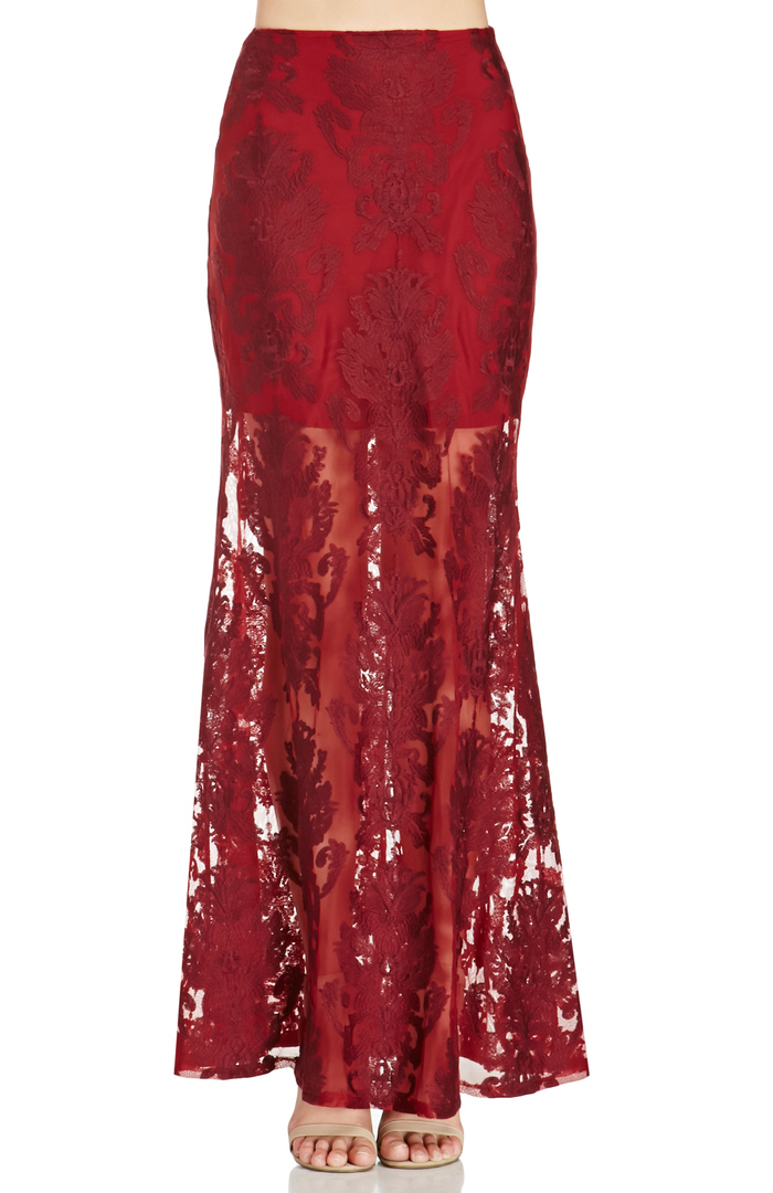 For Love & Lemons Embroidered Ethereal Maxi Skirt in Burgundy | DAILYLOOK