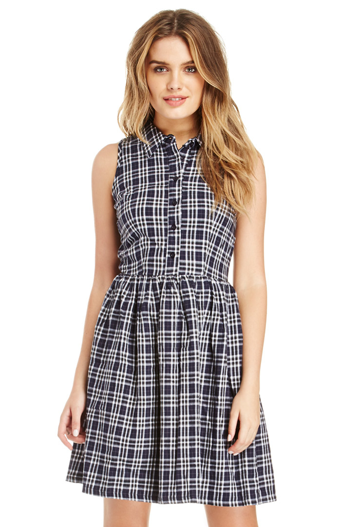 Plaid Button Top Cotton Dress in Navy | DAILYLOOK