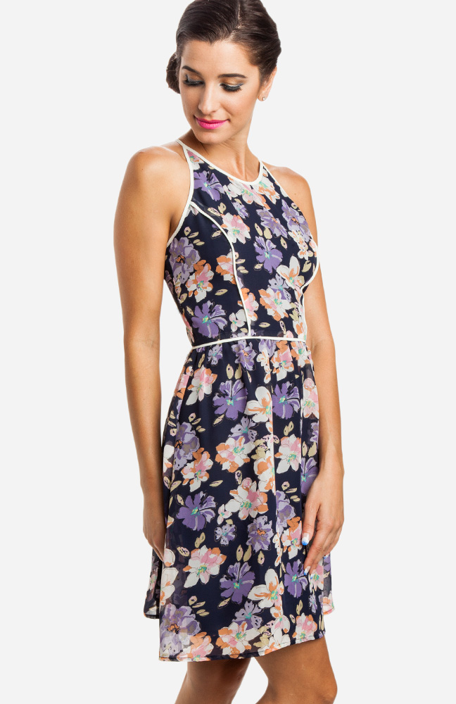 Floral Fit N Flare Dress in Navy | DAILYLOOK