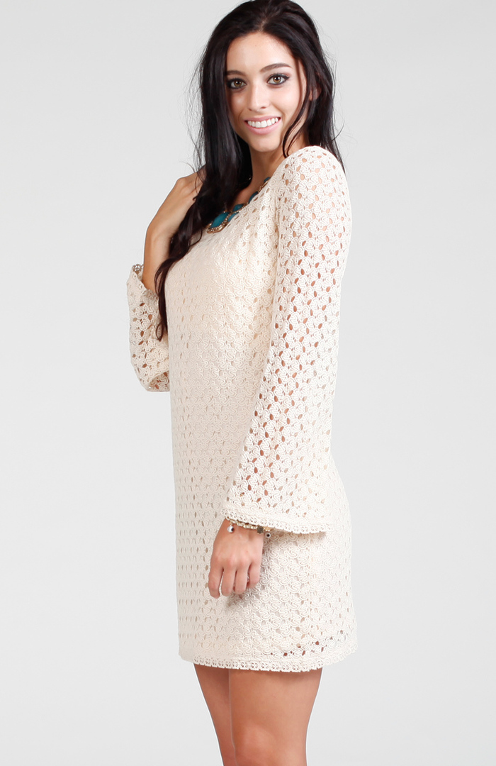 Long Sleeve Crochet Dress in Cream DAILYLOOK