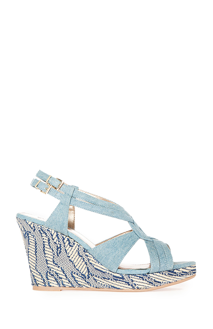 Denim and Straw Wedges in Blue | DAILYLOOK
