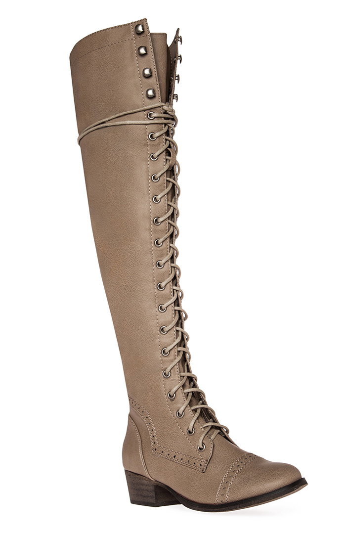 Lace Up Over the Knee Boots in Beige | DAILYLOOK