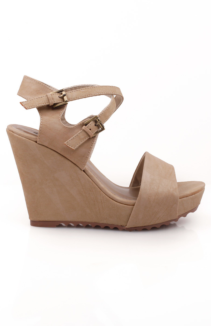 Nude Crisscross Ankle Wedges by Qupid