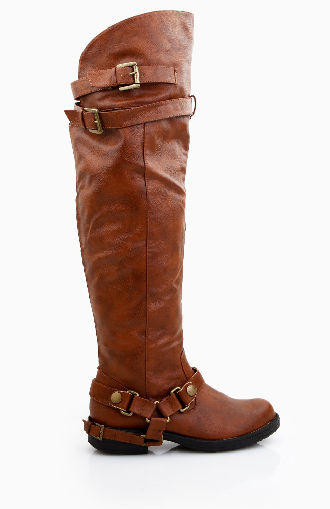 Double Buckle Knee High Riding Boots in Tan | DAILYLOOK