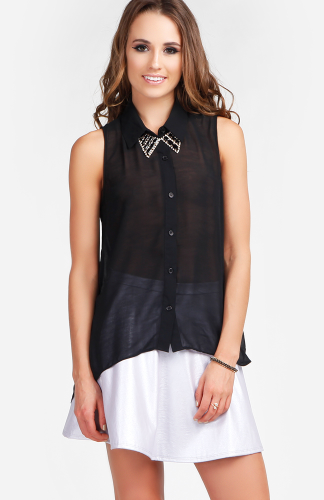 Sleeveless Button Down Top With Cinched Back In Black Dailylook 6248