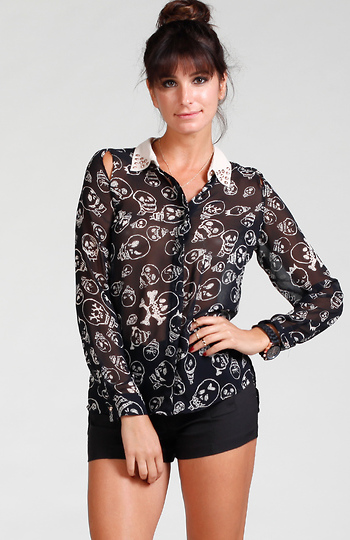 Skull Printed Cut Out Blouse Slide 1