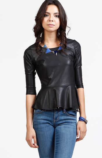 Faux Leather And Zipper Back Peplum Top Slide 1