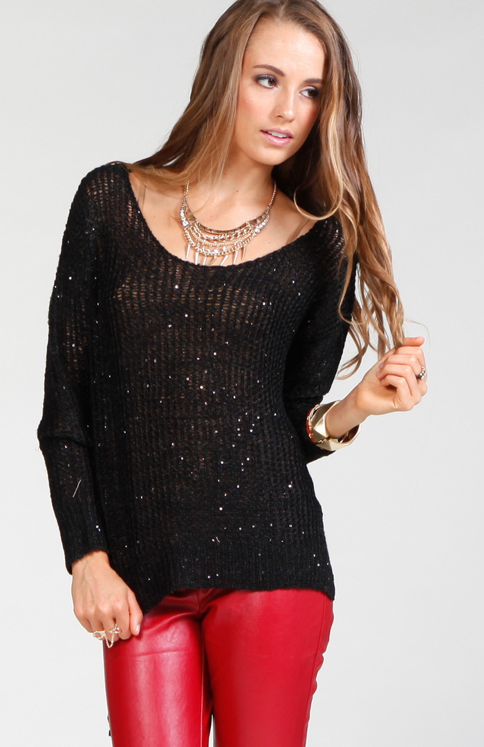 Sequin Thread Open Knit Sweater in Black DAILYLOOK