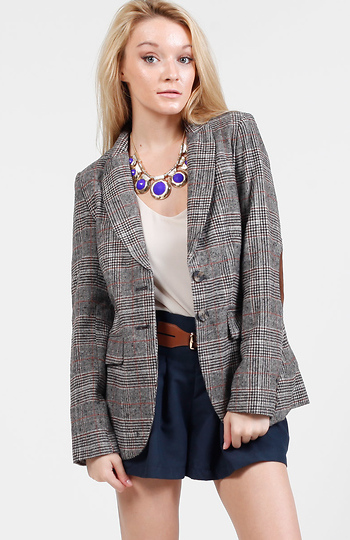 Plaid Elbow Patch Blazer Slide 1