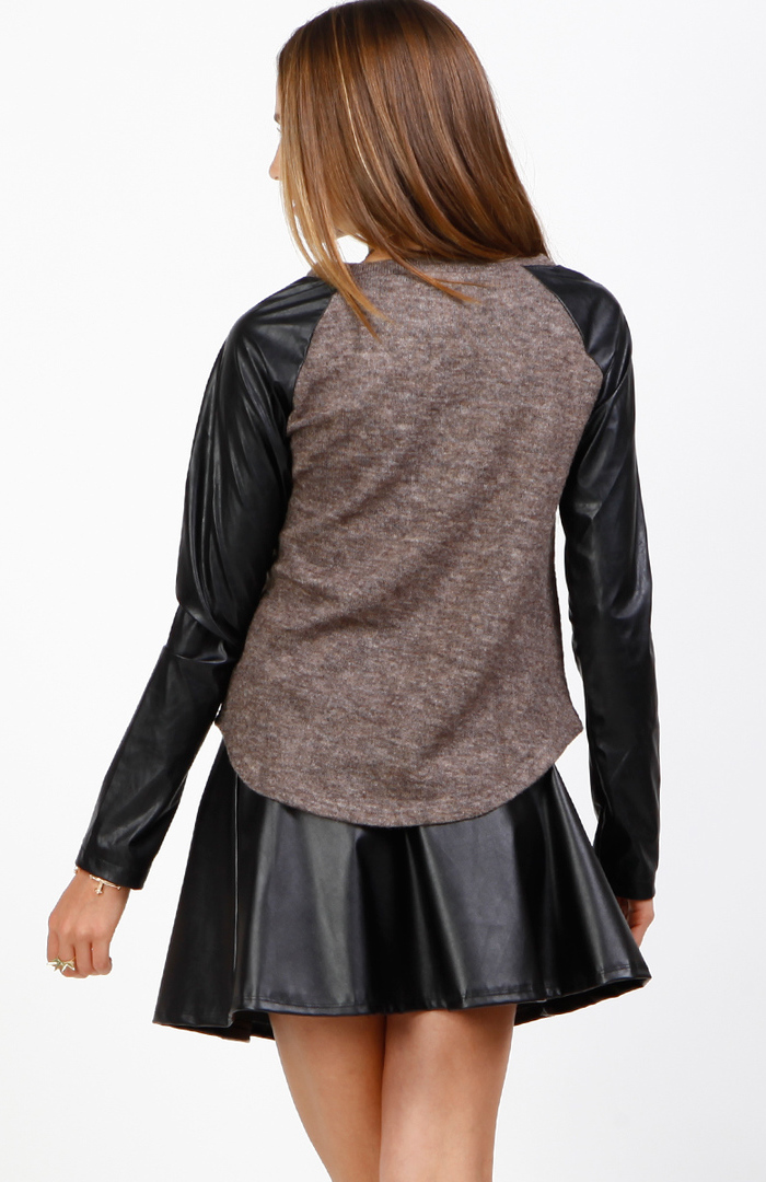 Faux Leather Sleeve Knit Top in Brown | DAILYLOOK