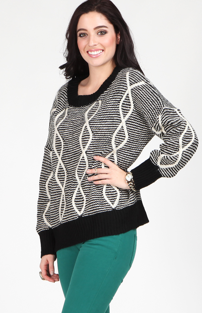 Open Knit Embroided Symbol Sweater in Black | DAILYLOOK