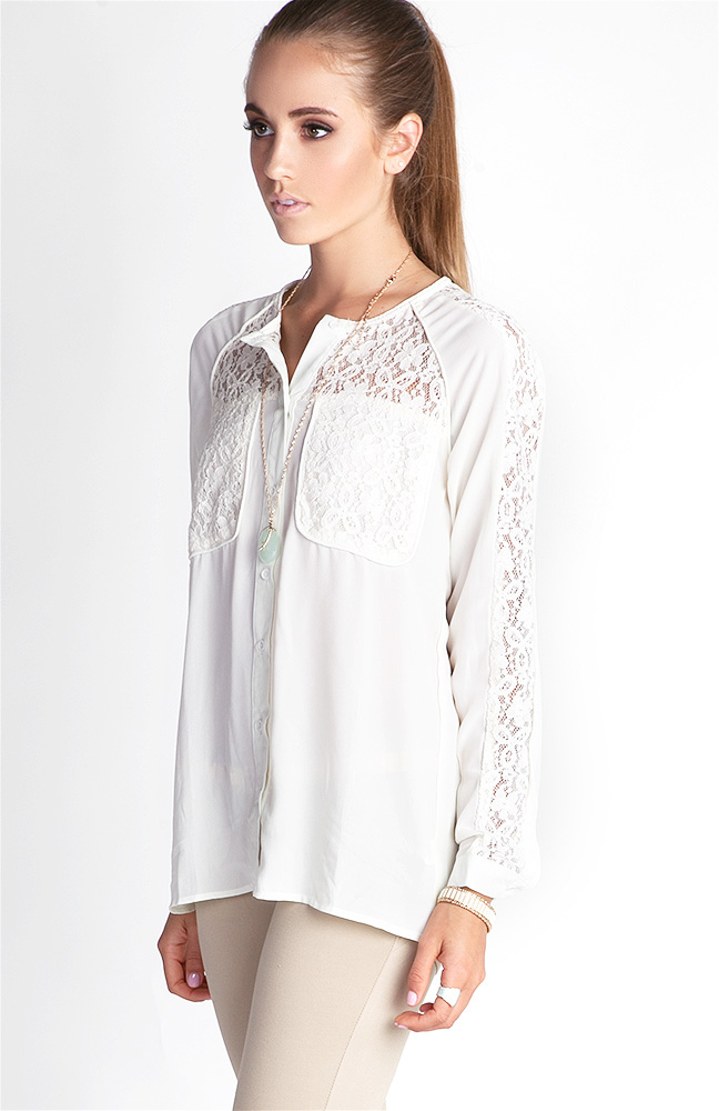 Lace Trim Long Sleeve Top in Ivory | DAILYLOOK