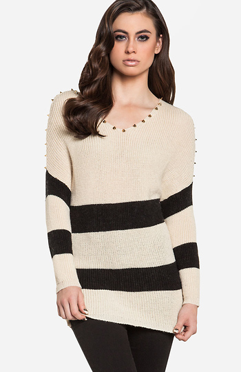 Striped Spike Shoulder Sweater in Beige | DAILYLOOK