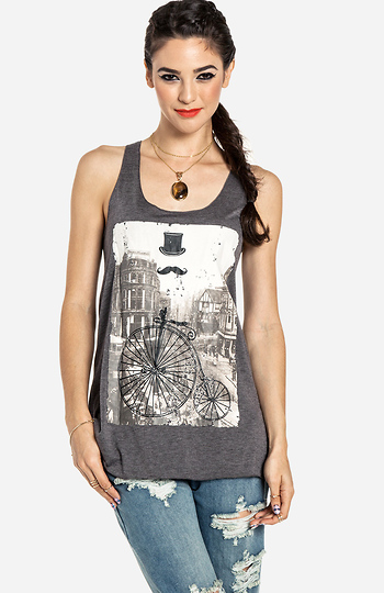 Vintage Bicycle Scene Tank in Charcoal | DAILYLOOK