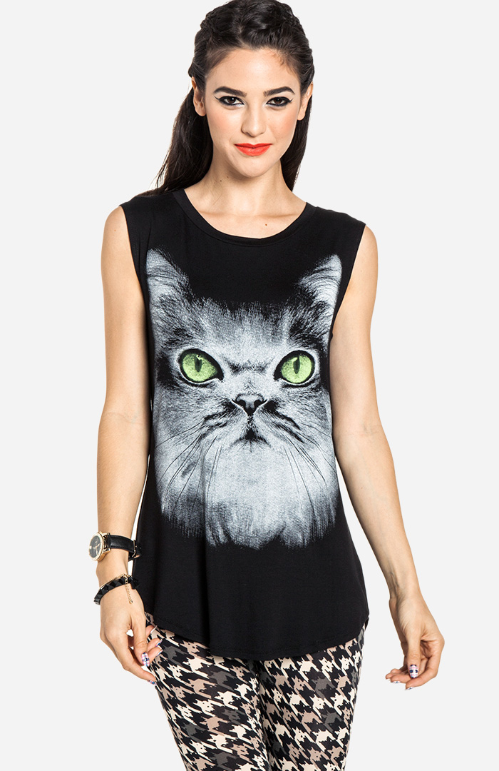 Oversized Kitty Cat Tank in Black | DAILYLOOK