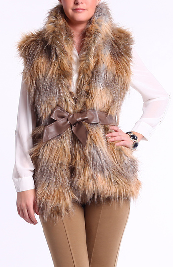 Brown Faux Fur Gilet with Belt Slide 1